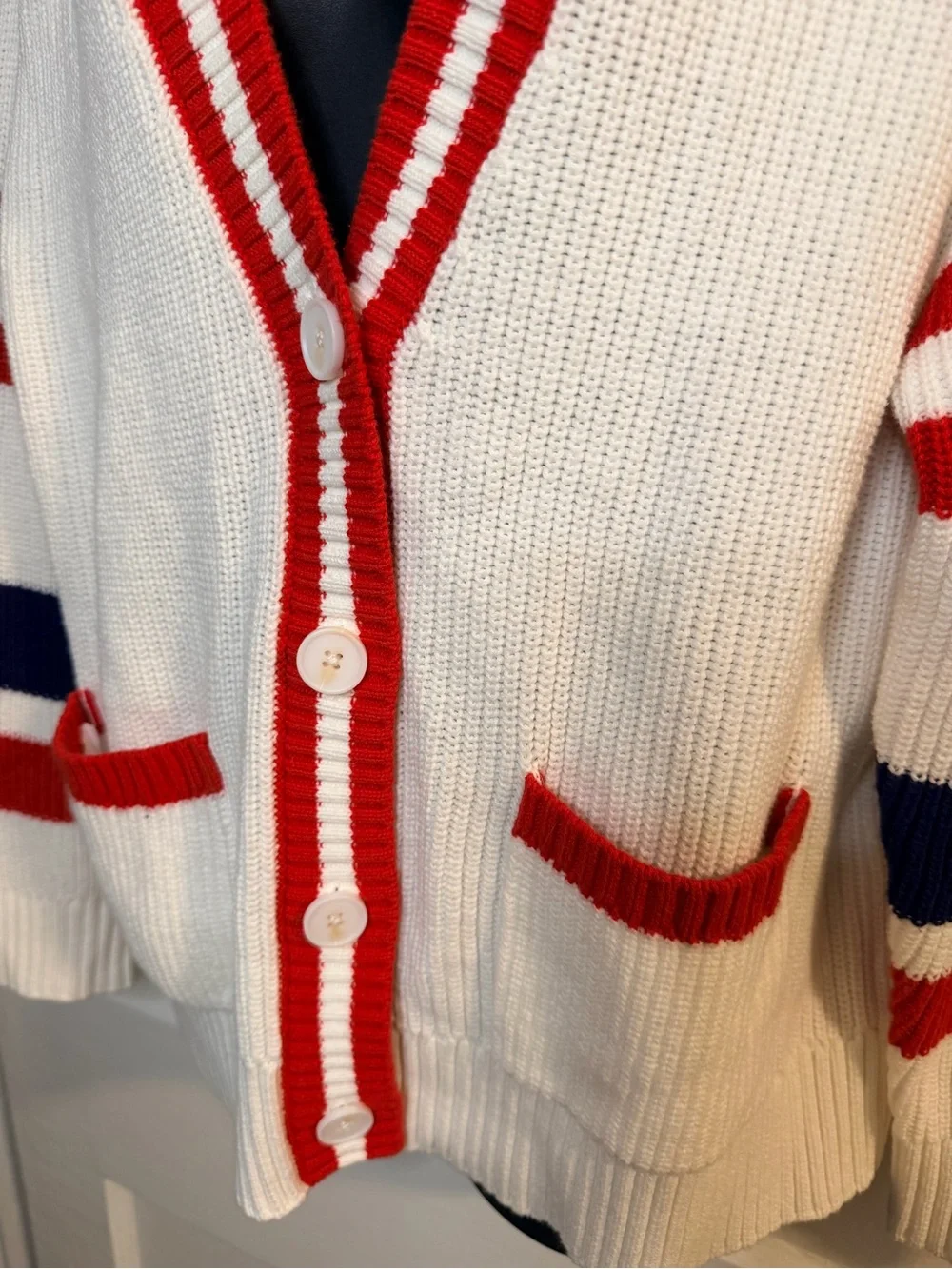 Saks Fifth Avenue Cream Cardigan Sweater with Red & Navy Stripes